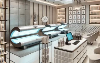 A fully equipped tanning salon with modern tanning beds and a reception area.