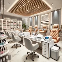 A professional nail salon setup with manicure stations, POS system, and beauty products.