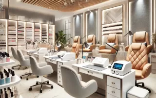 A professional nail salon setup with manicure stations, POS system, and beauty products.