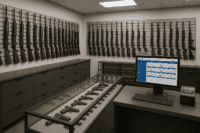 Gun shop interior with firearms on display and POS system at the counter