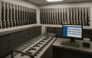 Gun shop interior with firearms on display and POS system at the counter