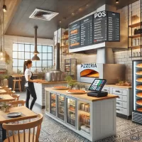 A fully equipped pizzeria with a kitchen, dining area, and a POS system in use.