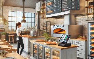 A fully equipped pizzeria with a kitchen, dining area, and a POS system in use.