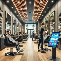 A modern barber shop with professional barber chairs, grooming tools, and a POS software system for managing appointments and sales.