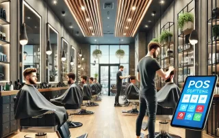 A modern barber shop with professional barber chairs, grooming tools, and a POS software system for managing appointments and sales.