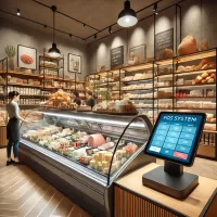 A fully stocked deli with fresh meats, cheeses, and a modern POS system at the checkout.