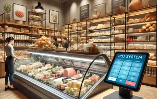 A fully stocked deli with fresh meats, cheeses, and a modern POS system at the checkout.
