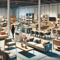 A well-organized furniture store with a customer browsing stylish showroom displays.