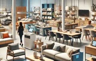 A well-organized furniture store with a customer browsing stylish showroom displays.