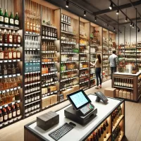 Liquor store with shelves of alcohol and a POS system at the checkout counter.