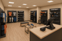 Sporting goods store with modern layout and POS software setup at checkout counter