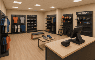 Sporting goods store with modern layout and POS software setup at checkout counter