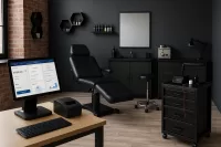 Tattoo artist studio showing POS software setup and equipment