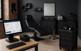 Tattoo artist studio showing POS software setup and equipment