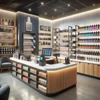 Vape shop interior with products, showing layout and POS system setup