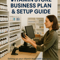 Owner setting up a vitamin store with retail shelving and POS system