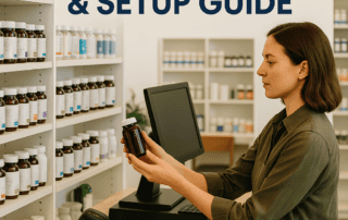 Owner setting up a vitamin store with retail shelving and POS system