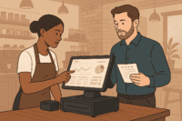Barista using POS software in a coffee shop to analyze sales and improve business performance