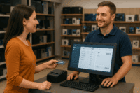 Customer at a computer store checkout using modern point of sale software system