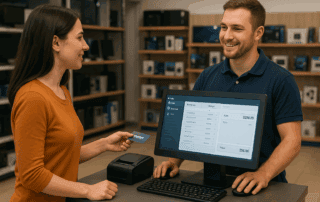 Customer at a computer store checkout using modern point of sale software system
