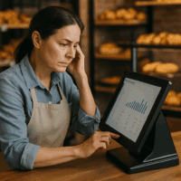 Bakery owner reviewing sales on a POS system to save failing business