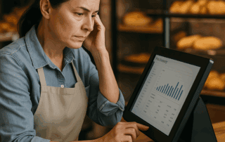 Bakery owner reviewing sales on a POS system to save failing business