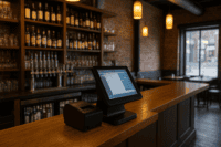 Bar interior with a POS system at the checkout counter, representing business recovery.