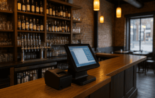 Bar interior with a POS system at the checkout counter, representing business recovery.