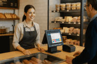Modern deli counter with Top POS Software in use and employee helping a customer