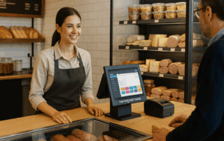 Modern deli counter with Top POS Software in use and employee helping a customer