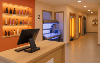 Modern tanning salon interior with POS system at checkout counter