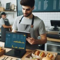 Fast food restaurant owner reviewing point of sale system reports to improve business performance