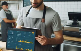 Fast food restaurant owner reviewing point of sale system reports to improve business performance