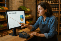 Grocery store owner analyzing sales data using POS software for recovery strategy
