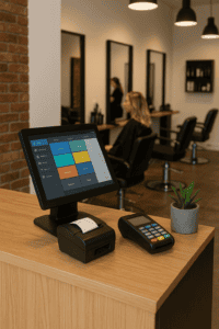 Hair salon checkout counter with POS software helping improve business performance