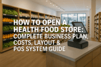 Modern health food store with fresh produce and POS software system at checkout counter