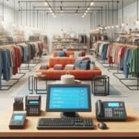 Thrift store interior layout with POS system and clothing racks