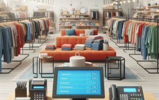 Thrift store interior layout with POS system and clothing racks