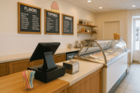 Modern ice cream shop interior layout with POS system at checkout