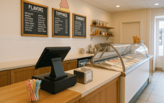 Modern ice cream shop interior layout with POS system at checkout