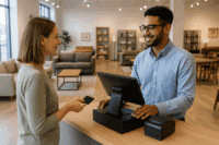 Customer at checkout using POS system in a modern furniture store