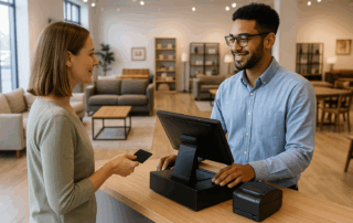 Customer at checkout using POS system in a modern furniture store