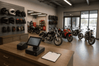 Motorcycle shop interior with checkout counter and POS system used in business planning guide