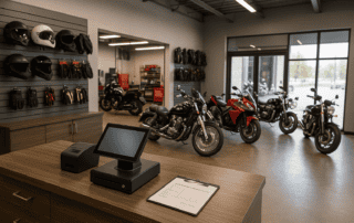 Motorcycle shop interior with checkout counter and POS system used in business planning guide