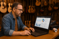 Music store owner reviewing POS software reports to reverse declining sales