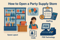 A well-organized party supply store interior layout with balloons, paper goods, and a POS system at checkout counter.