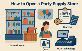 A well-organized party supply store interior layout with balloons, paper goods, and a POS system at checkout counter.