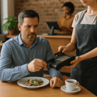 Man making a payment at a restaurant table using a POS software terminal with waitress and staff in background