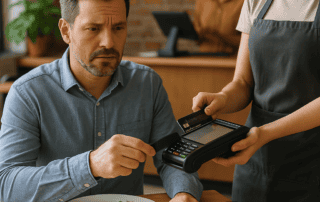 Man making a payment at a restaurant table using a POS software terminal with waitress and staff in background