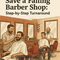 Barber shop turnaround guide showing revitalized barber chairs and happy customers